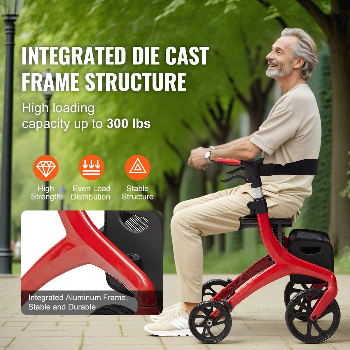 Folding Rollator Walker for Seniors and Adults, Lightweight Aluminum Rolling Walker with Seat and Adjustable Handle, 4-Wheel Outdoor Mobility Walker with Spacious Storage Bag, 300LBS Capacity