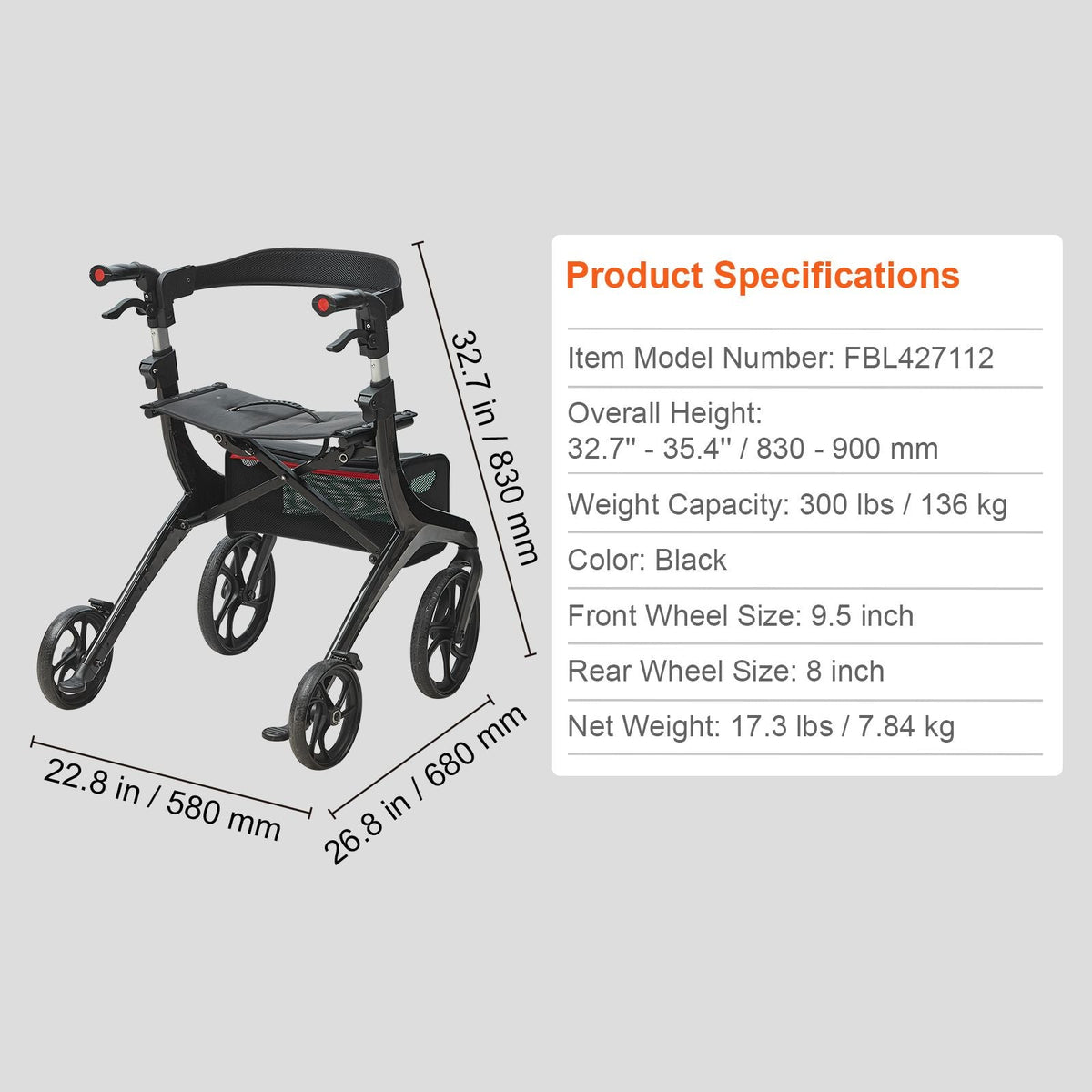 Folding Rollator Walker for Seniors and Adults, Lightweight Aluminum Rolling Walker with Seat and Adjustable Handle, 4-Wheel Outdoor Mobility Walker with Spacious Storage Bag, 300LBS Capacity