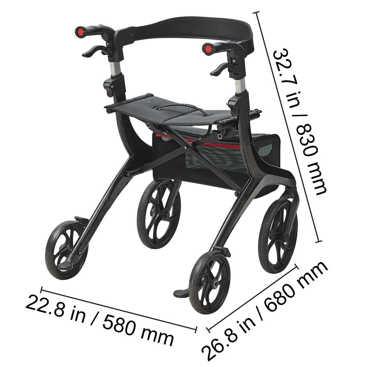 Folding Rollator Walker for Seniors and Adults, Lightweight Aluminum Rolling Walker with Seat and Adjustable Handle, 4-Wheel Outdoor Mobility Walker with Spacious Storage Bag, 300LBS Capacity