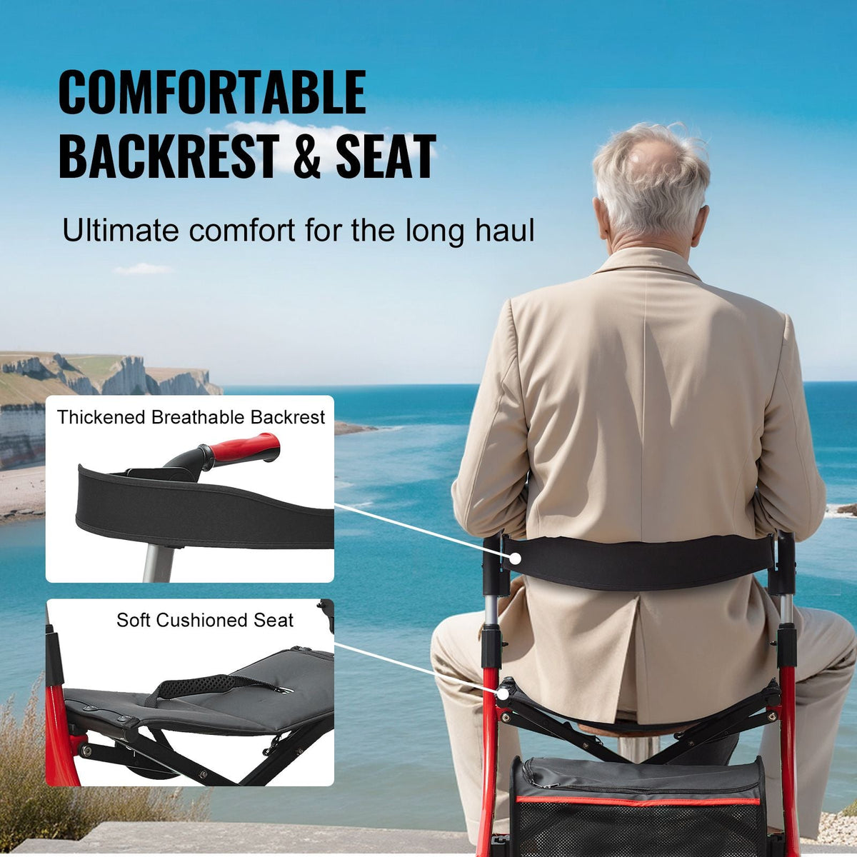 Folding Rollator Walker for Seniors and Adults, Lightweight Aluminum Rolling Walker with Seat and Adjustable Handle, 4-Wheel Outdoor Mobility Walker with Spacious Storage Bag, 300LBS Capacity