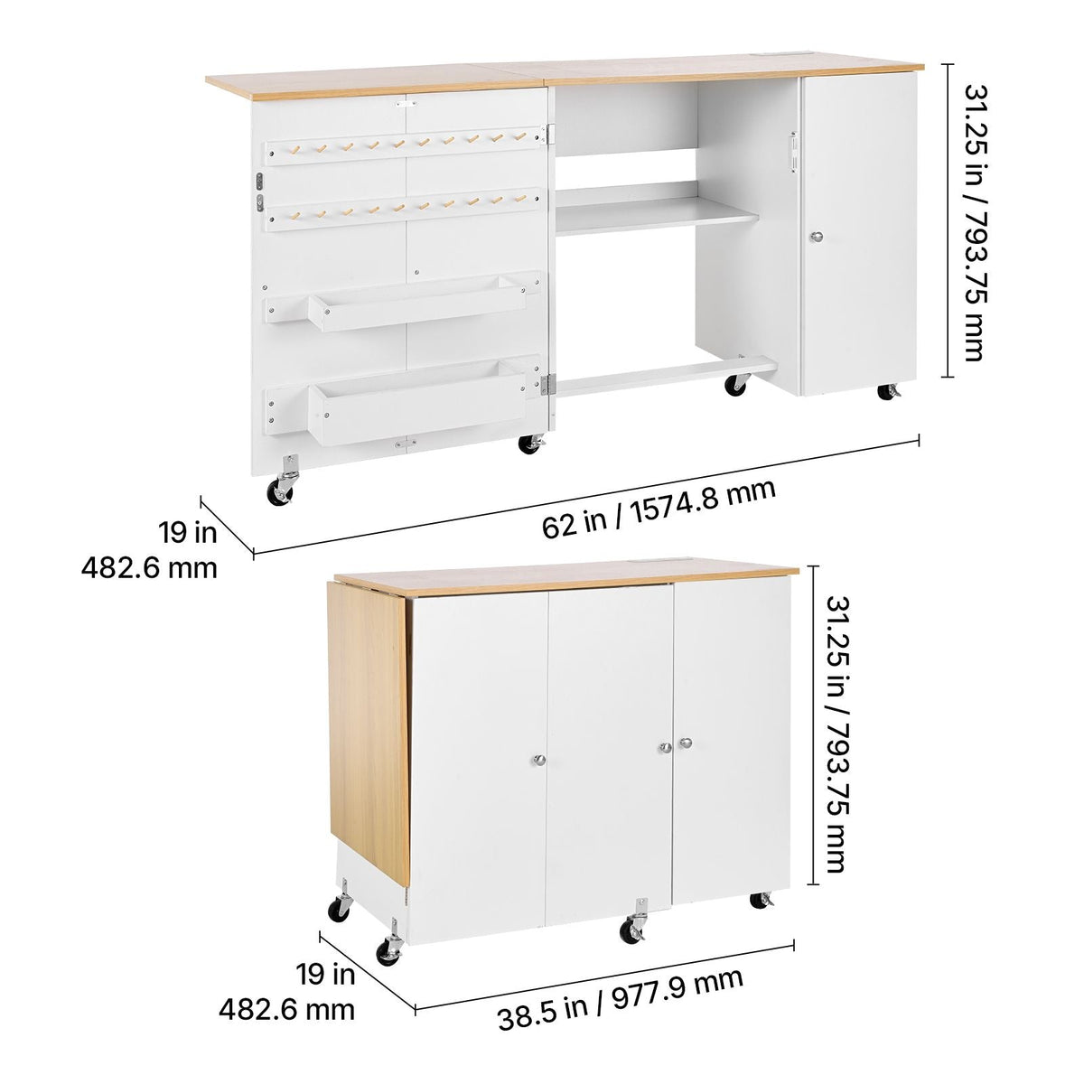 Folding Sewing Table, Multipurpose Sewing Machine Table with Cabinet, Charging Station, Compact Design, Wheels, Wooden Pegs, Storage Trays and Shelf, Craft Station and Side Desk for Home