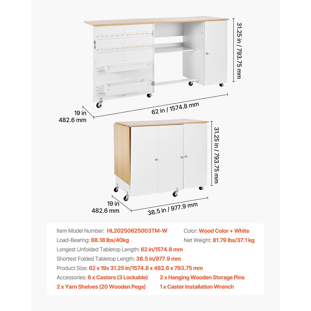 Folding Sewing Table, Multipurpose Sewing Machine Table with Cabinet, Charging Station, Compact Design, Wheels, Wooden Pegs, Storage Trays and Shelf, Craft Station and Side Desk for Home