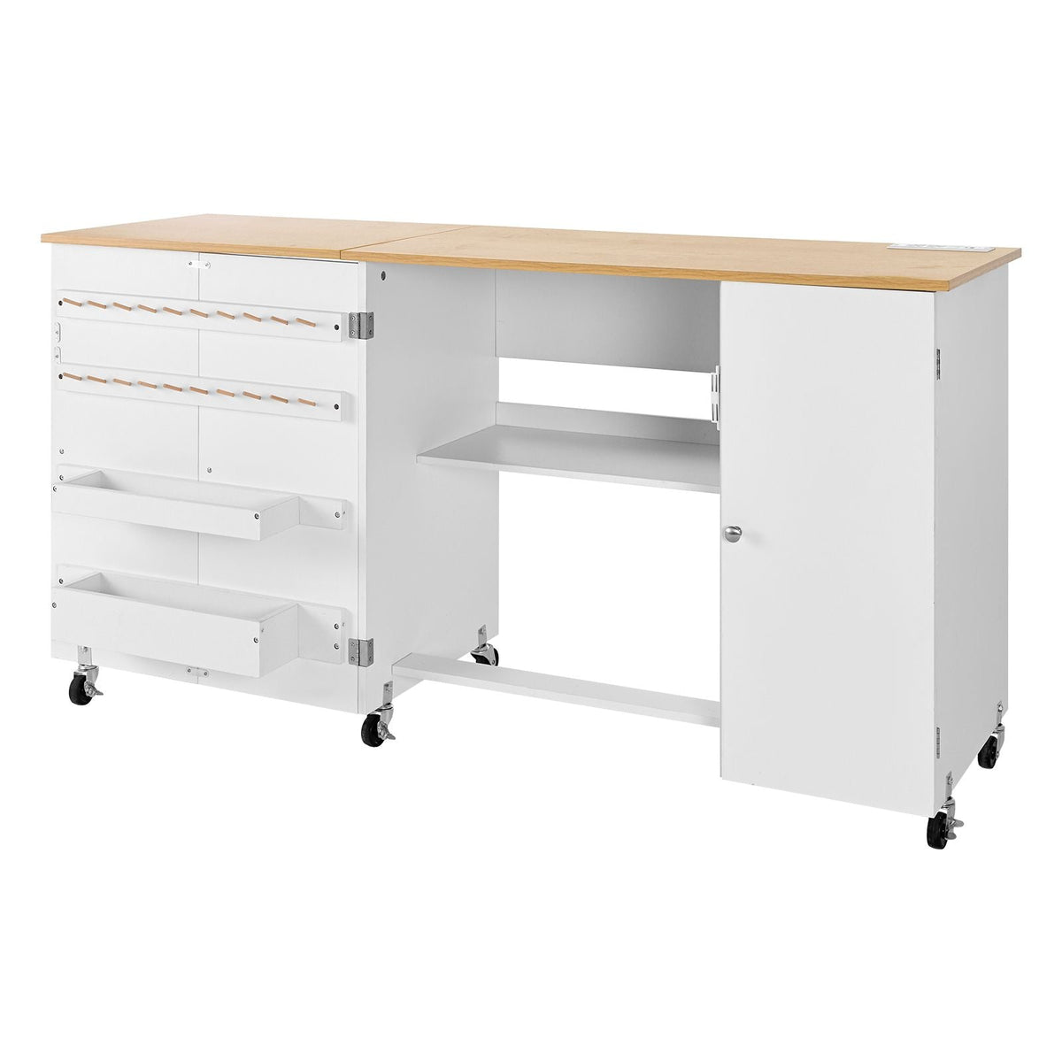 Folding Sewing Table, Multipurpose Sewing Machine Table with Cabinet, Charging Station, Compact Design, Wheels, Wooden Pegs, Storage Trays and Shelf, Craft Station and Side Desk for Home