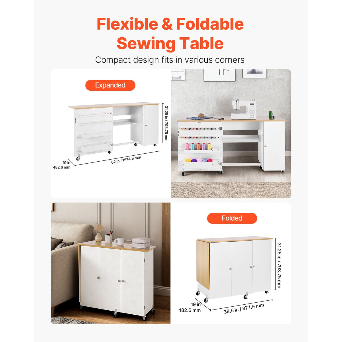 Folding Sewing Table, Multipurpose Sewing Machine Table with Cabinet, Charging Station, Compact Design, Wheels, Wooden Pegs, Storage Trays and Shelf, Craft Station and Side Desk for Home