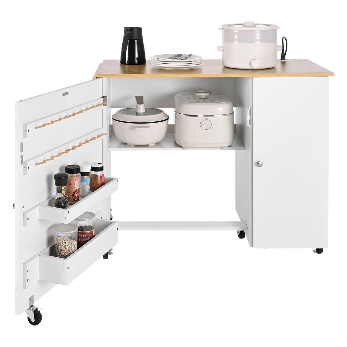 Folding Sewing Table, Multipurpose Sewing Machine Table with Cabinet, Charging Station, Compact Design, Wheels, Wooden Pegs, Storage Trays and Shelf, Craft Station and Side Desk for Home
