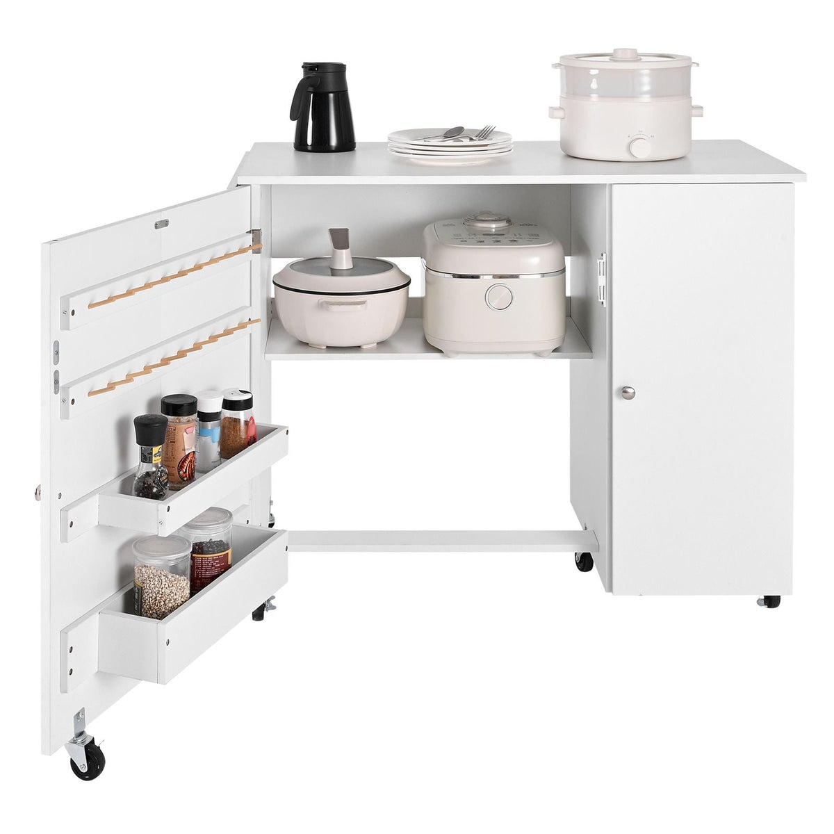Folding Sewing Table, Multipurpose Sewing Machine Table with Cabinet, Compact Design, Wheels, Wooden Pegs, Storage Trays and Shelf, Magnetic Door, Craft Station and Side Desk for Home, White