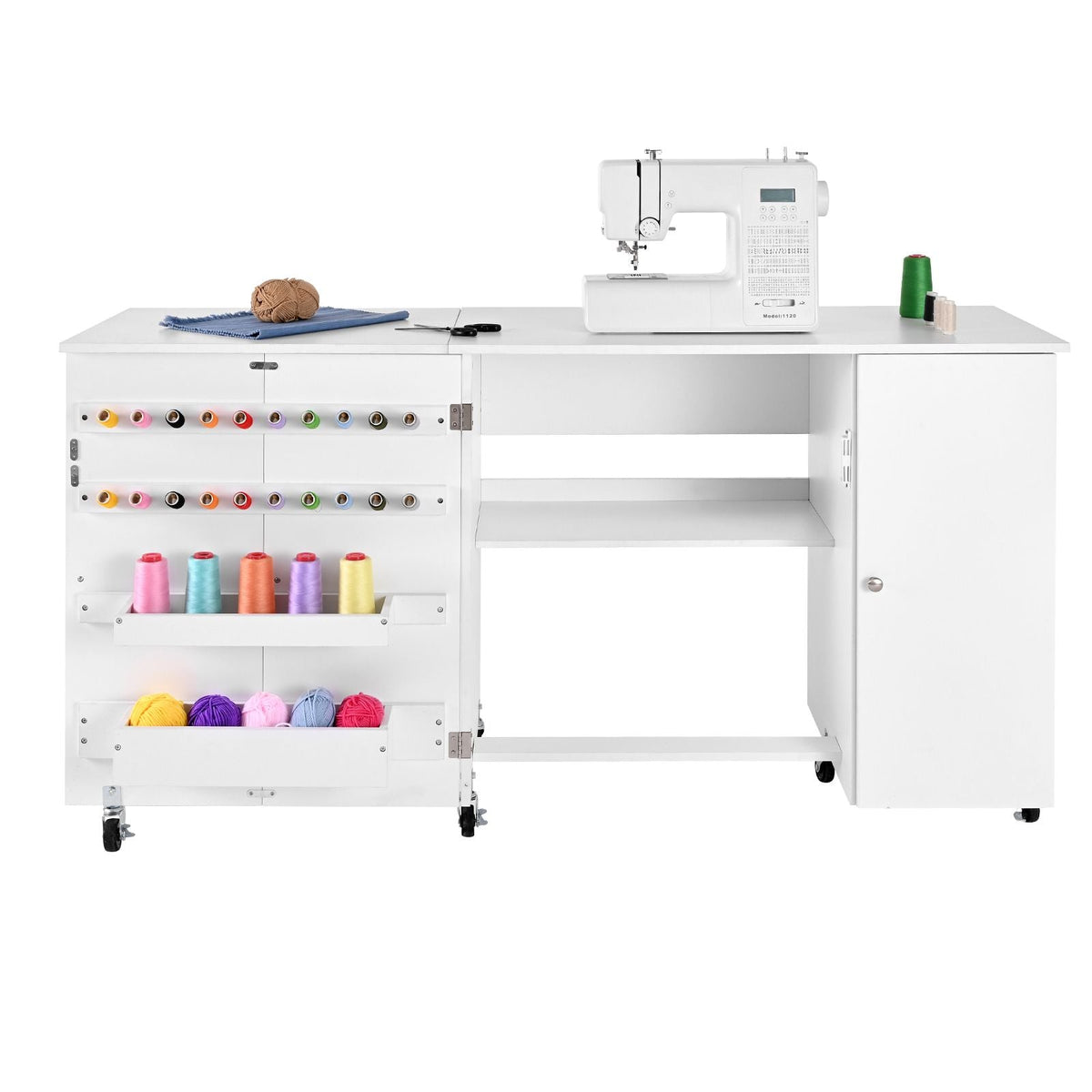 Folding Sewing Table, Multipurpose Sewing Machine Table with Cabinet, Compact Design, Wheels, Wooden Pegs, Storage Trays and Shelf, Magnetic Door, Craft Station and Side Desk for Home, White