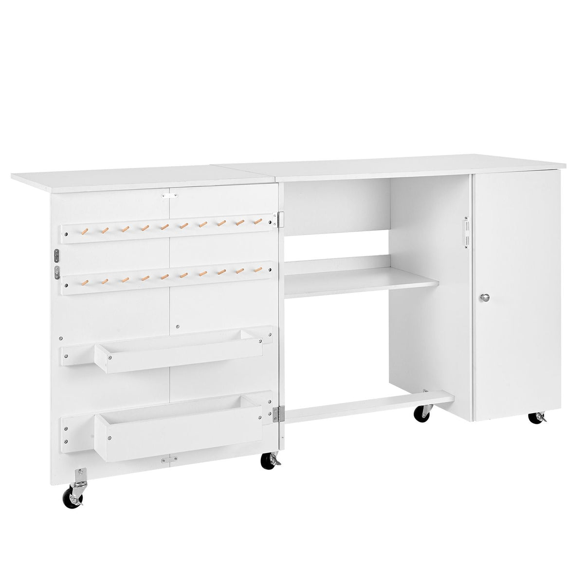 Folding Sewing Table, Multipurpose Sewing Machine Table with Cabinet, Compact Design, Wheels, Wooden Pegs, Storage Trays and Shelf, Magnetic Door, Craft Station and Side Desk for Home, White