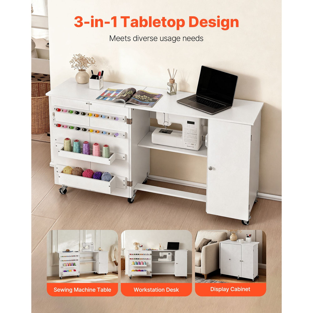Folding Sewing Table, Multipurpose Sewing Machine Table with Cabinet, Compact Design, Wheels, Wooden Pegs, Storage Trays and Shelf, Magnetic Door, Craft Station and Side Desk for Home, White