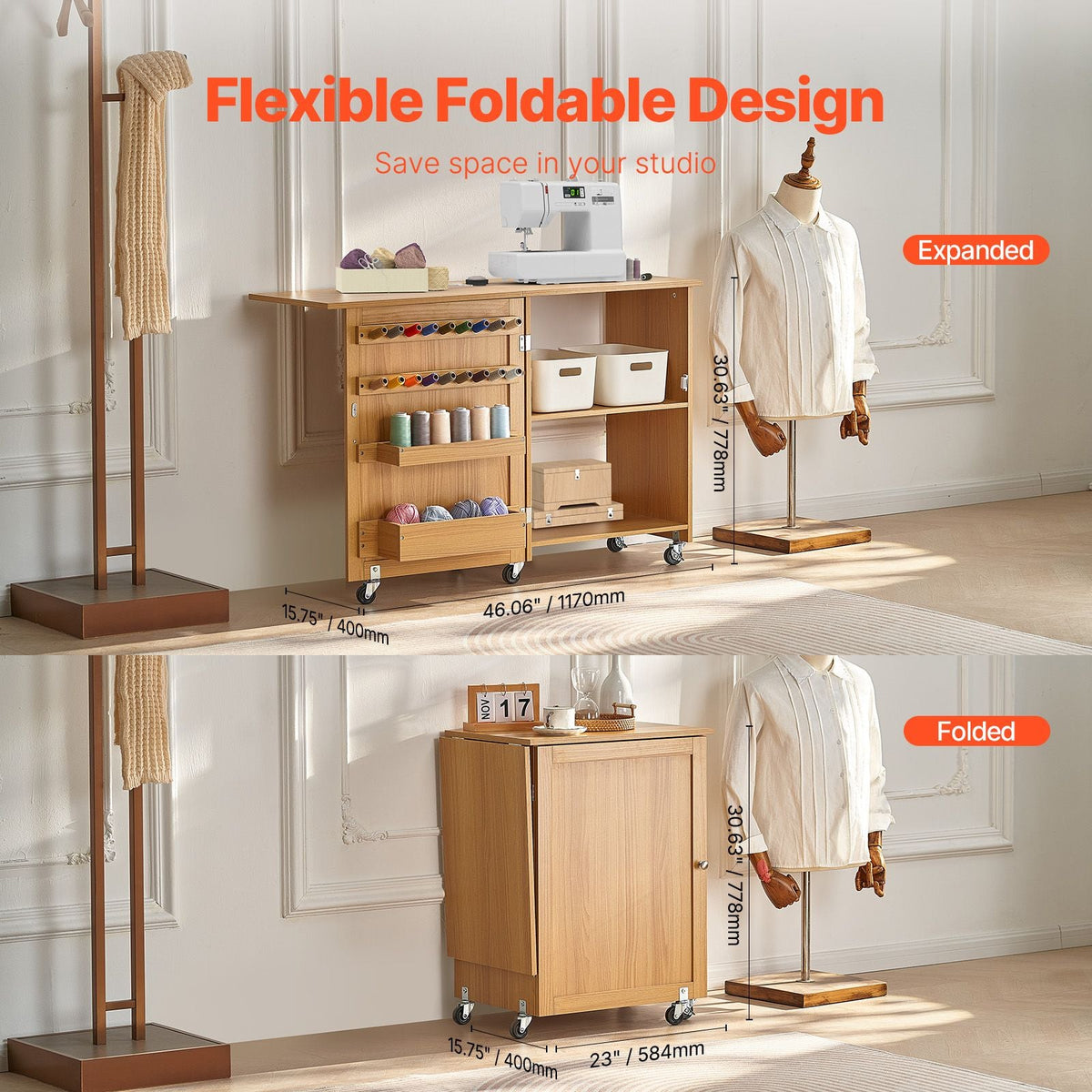 Folding Sewing Table, Multipurpose Sewing Machine Table with Compact Design, Wheels, Shelves, Storage Trays, Wooden Pegs, and Magnetic Doors, Sewing Desk Cabinet for Sewing Machine, Wood Color
