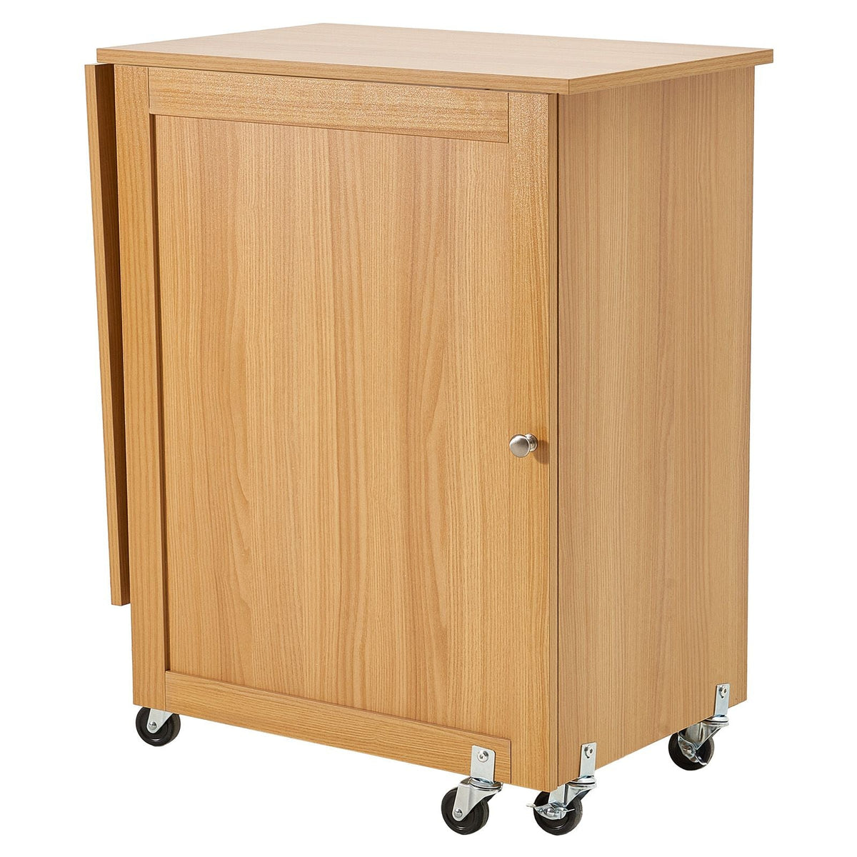Folding Sewing Table, Multipurpose Sewing Machine Table with Compact Design, Wheels, Shelves, Storage Trays, Wooden Pegs, and Magnetic Doors, Sewing Desk Cabinet for Sewing Machine, Wood Color