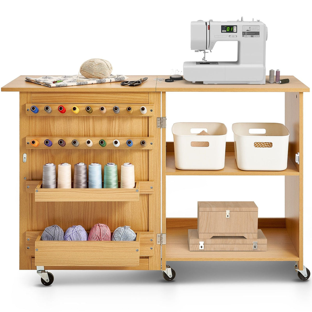 Folding Sewing Table, Multipurpose Sewing Machine Table with Compact Design, Wheels, Shelves, Storage Trays, Wooden Pegs, and Magnetic Doors, Sewing Desk Cabinet for Sewing Machine, Wood Color