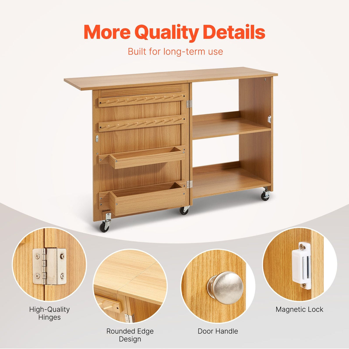 Folding Sewing Table, Multipurpose Sewing Machine Table with Compact Design, Wheels, Shelves, Storage Trays, Wooden Pegs, and Magnetic Doors, Sewing Desk Cabinet for Sewing Machine, Wood Color