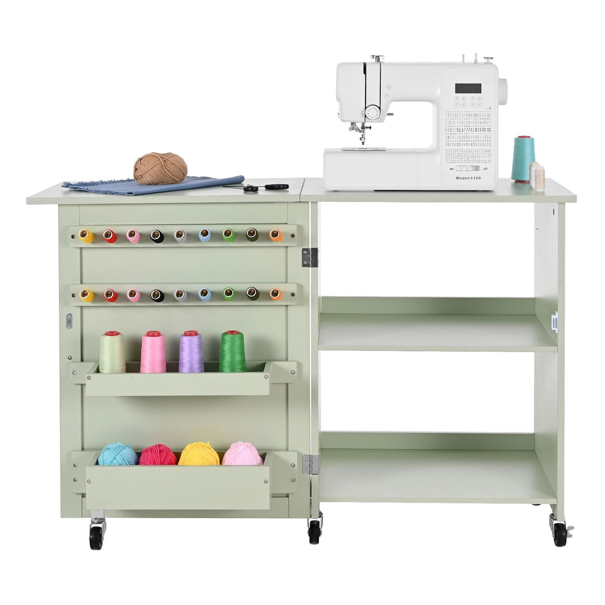Folding Sewing Table, Multipurpose Sewing Machine Table with Compact Design, Wheels, Wooden Pegs, Storage Trays and Shelf, Magnetic Door Lock, Craft Station and Side Desk for Home, Light Green