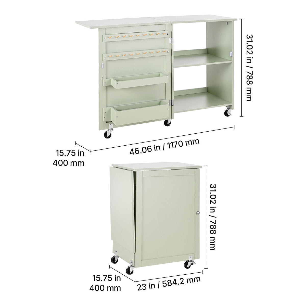 Folding Sewing Table, Multipurpose Sewing Machine Table with Compact Design, Wheels, Wooden Pegs, Storage Trays and Shelf, Magnetic Door Lock, Craft Station and Side Desk for Home, Light Green