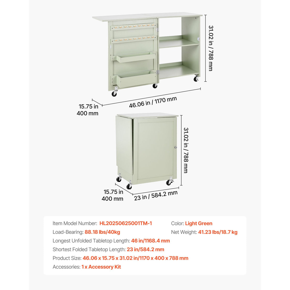 Folding Sewing Table, Multipurpose Sewing Machine Table with Compact Design, Wheels, Wooden Pegs, Storage Trays and Shelf, Magnetic Door Lock, Craft Station and Side Desk for Home, Light Green