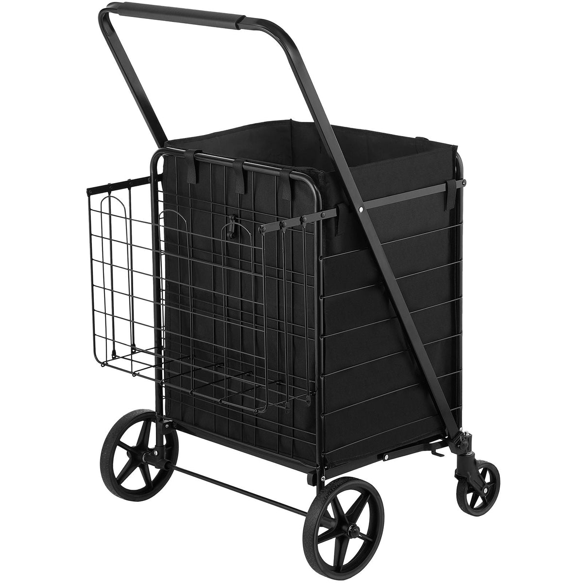 Folding Shopping Cart with Removable Waterproof Liner, 210LBS Large Capacity Jumbo Grocery Cart with Dual Basket, 360° Swivel Wheels, Dense Metal Mesh Base, Heavy Duty Utility Cart for Shopping