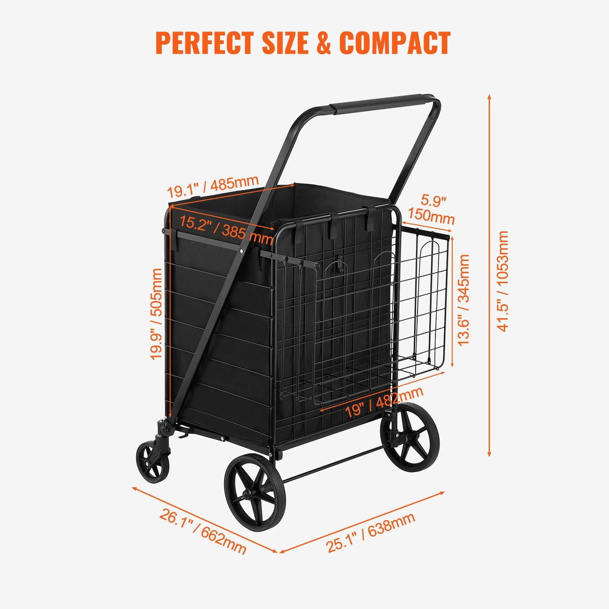 Folding Shopping Cart with Removable Waterproof Liner, 210LBS Large Capacity Jumbo Grocery Cart with Dual Basket, 360° Swivel Wheels, Dense Metal Mesh Base, Heavy Duty Utility Cart for Shopping