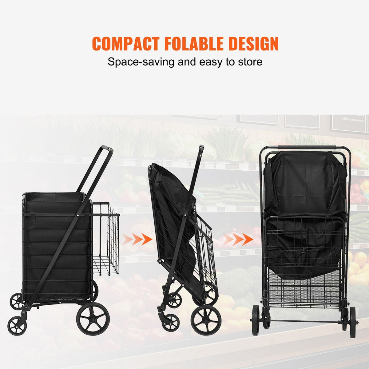 Folding Shopping Cart with Removable Waterproof Liner, 210LBS Large Capacity Jumbo Grocery Cart with Dual Basket, 360° Swivel Wheels, Dense Metal Mesh Base, Heavy Duty Utility Cart for Shopping