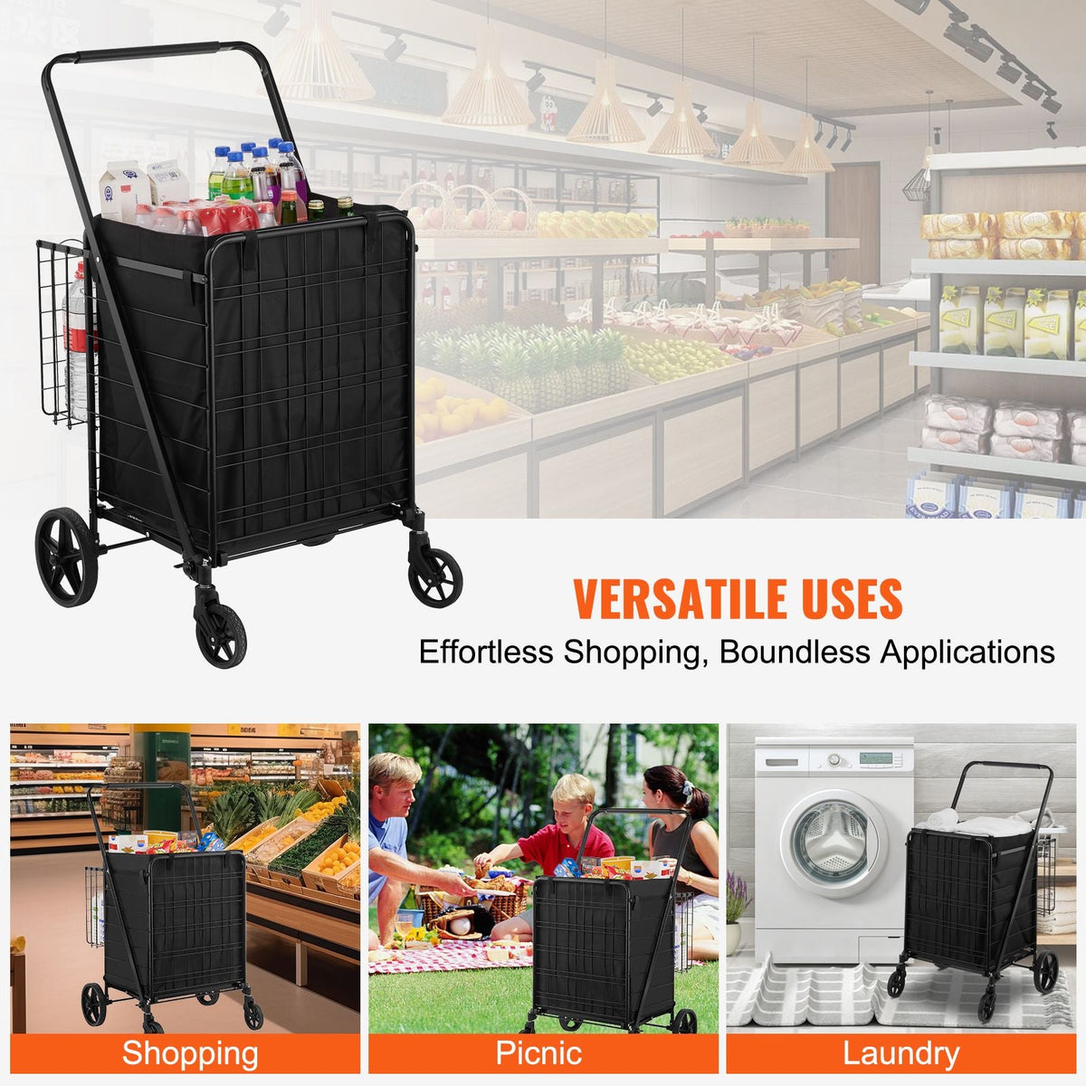 Folding Shopping Cart with Removable Waterproof Liner, 210LBS Large Capacity Jumbo Grocery Cart with Dual Basket, 360° Swivel Wheels, Dense Metal Mesh Base, Heavy Duty Utility Cart for Shopping