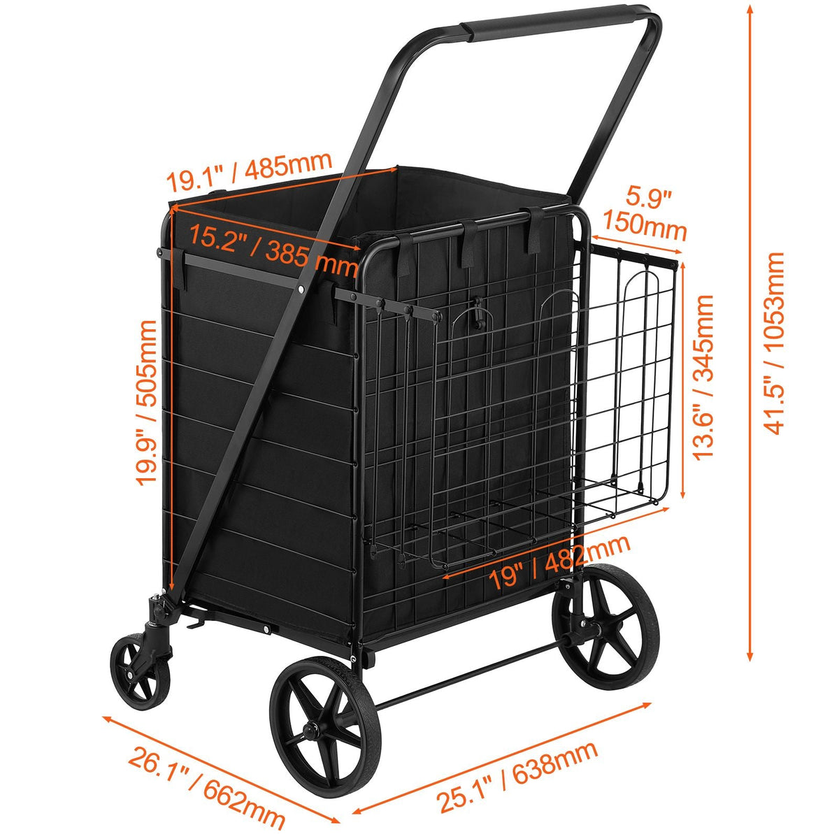 Folding Shopping Cart with Removable Waterproof Liner, 210LBS Large Capacity Jumbo Grocery Cart with Dual Basket, 360° Swivel Wheels, Dense Metal Mesh Base, Heavy Duty Utility Cart for Shopping