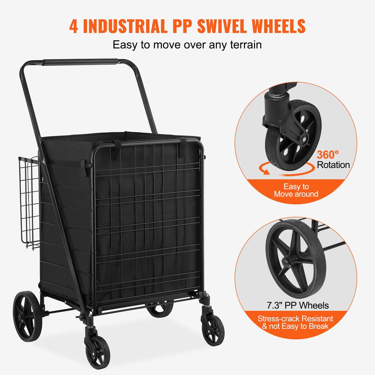 Folding Shopping Cart with Removable Waterproof Liner, 210LBS Large Capacity Jumbo Grocery Cart with Dual Basket, 360° Swivel Wheels, Dense Metal Mesh Base, Heavy Duty Utility Cart for Shopping