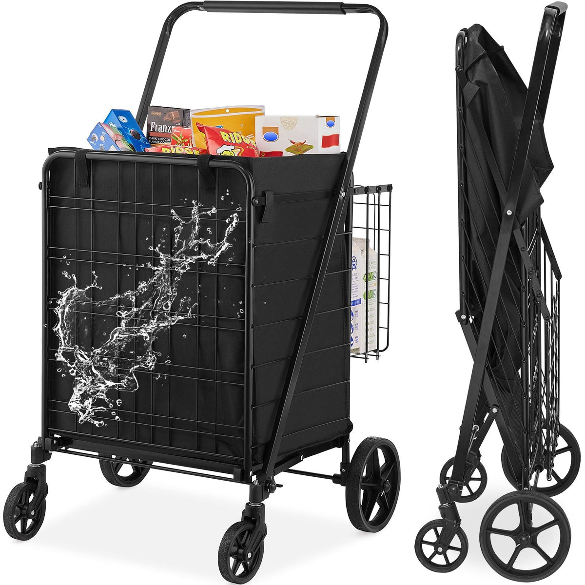 Folding Shopping Cart with Removable Waterproof Liner, 210LBS Large Capacity Jumbo Grocery Cart with Dual Basket, 360° Swivel Wheels, Dense Metal Mesh Base, Heavy Duty Utility Cart for Shopping