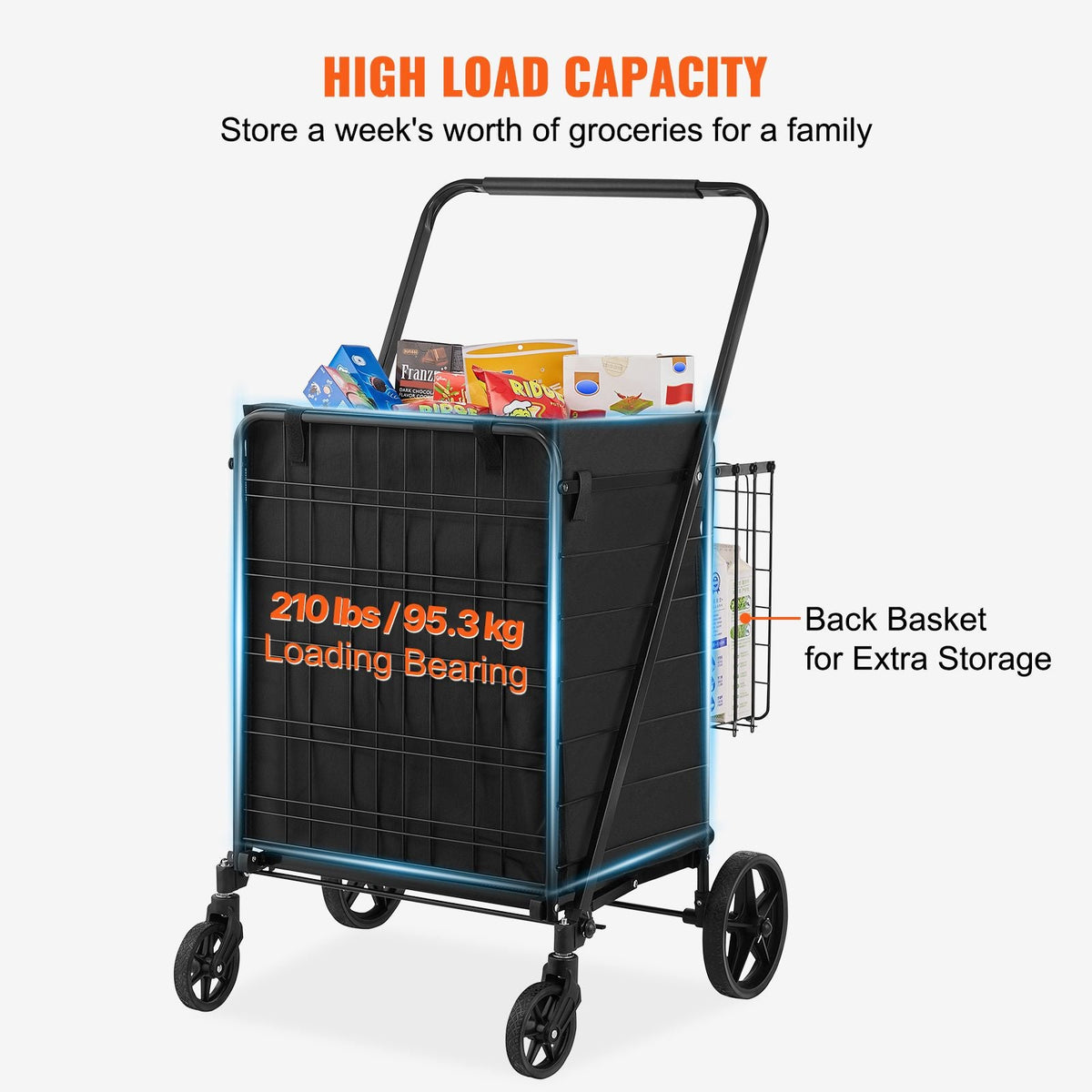 Folding Shopping Cart with Removable Waterproof Liner, 210LBS Large Capacity Jumbo Grocery Cart with Dual Basket, 360° Swivel Wheels, Dense Metal Mesh Base, Heavy Duty Utility Cart for Shopping