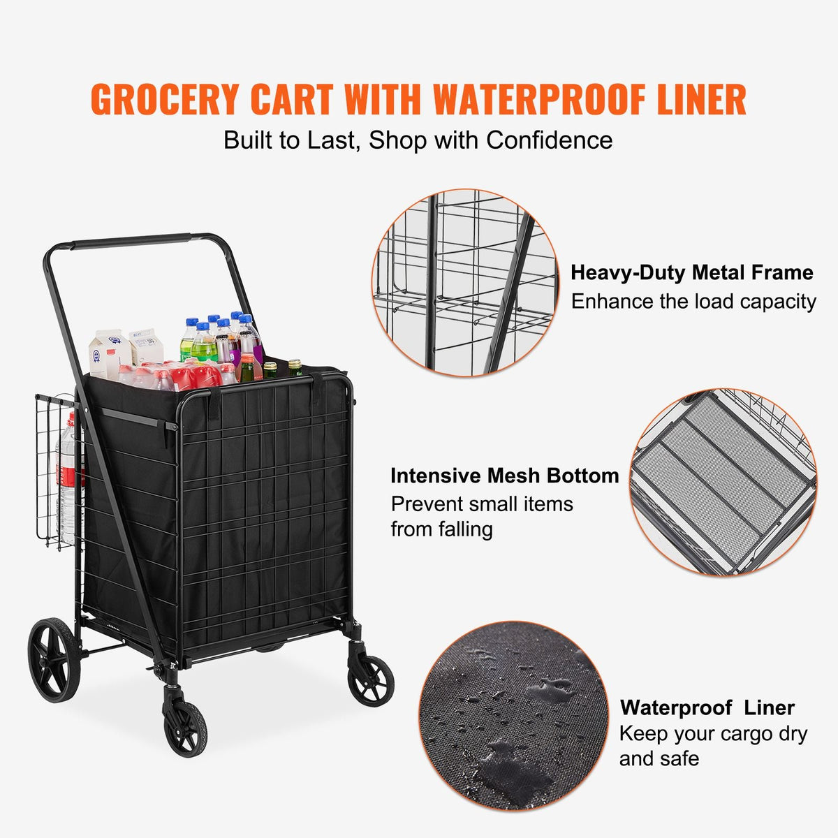 Folding Shopping Cart with Removable Waterproof Liner, 210LBS Large Capacity Jumbo Grocery Cart with Dual Basket, 360° Swivel Wheels, Dense Metal Mesh Base, Heavy Duty Utility Cart for Shopping