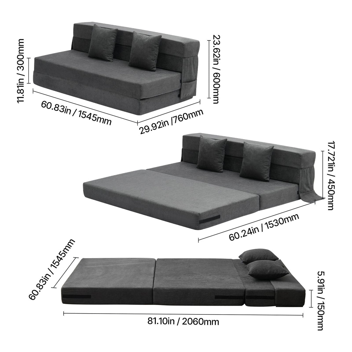 Folding Sofa Bed, 3-in-1 Foldable Couch Bed with 2 Pillows and Washable Cover, 25D High Density Memory Foam Convertible Sleeper Chair Bed, Futon Couch for Living Room, Bedroom, Dark Grey(Queen)