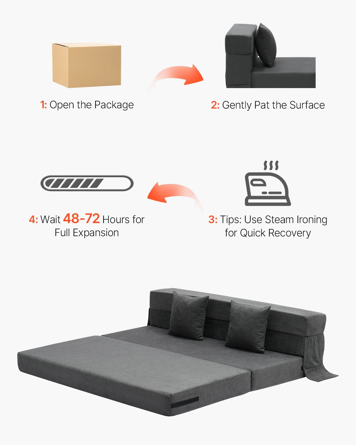 Folding Sofa Bed, 3-in-1 Foldable Couch Bed with 2 Pillows and Washable Cover, 25D High Density Memory Foam Convertible Sleeper Chair Bed, Futon Couch for Living Room, Bedroom, Dark Grey(Queen)