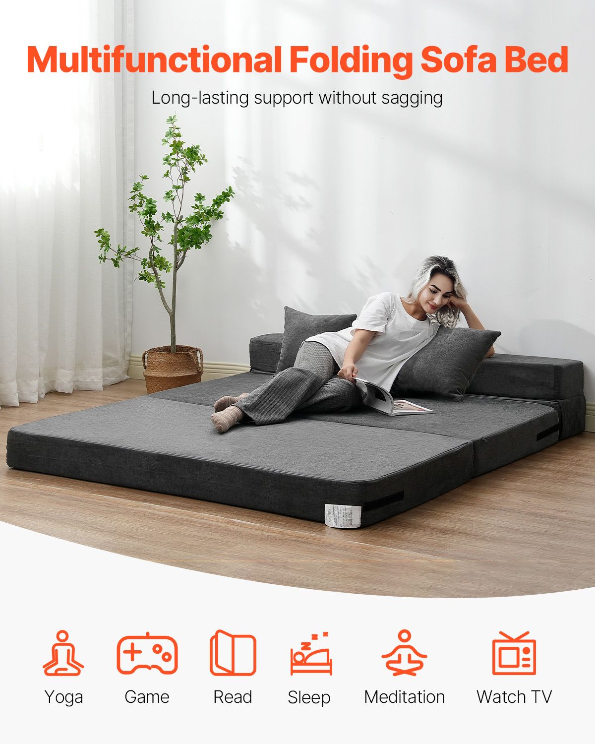 Folding Sofa Bed, 3-in-1 Foldable Couch Bed with 2 Pillows and Washable Cover, 25D High Density Memory Foam Convertible Sleeper Chair Bed, Futon Couch for Living Room, Bedroom, Dark Grey(Queen)