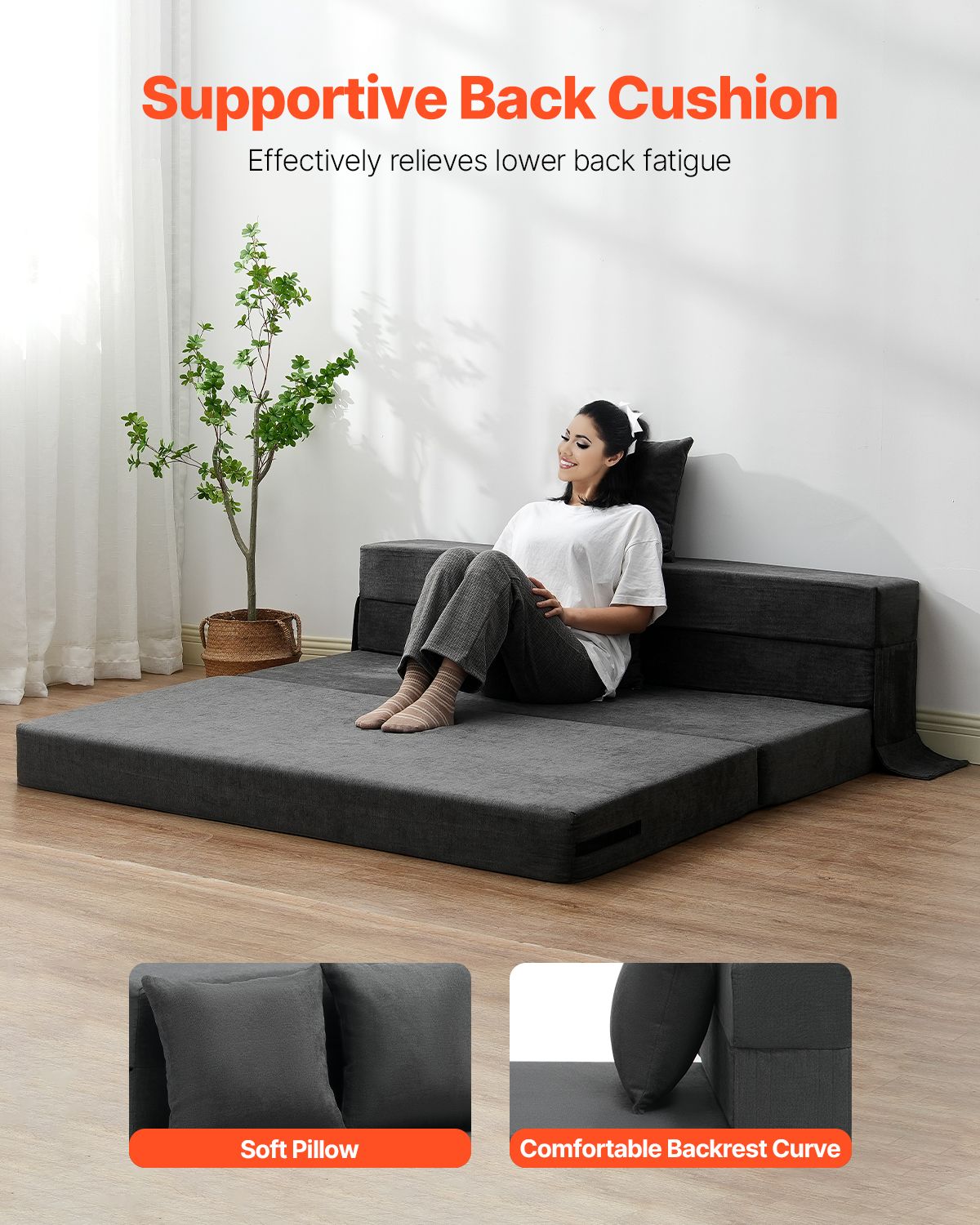 Folding Sofa Bed, 3-in-1 Foldable Couch Bed with 2 Pillows and Washable Cover, 25D High Density Memory Foam Convertible Sleeper Chair Bed, Futon Couch for Living Room, Bedroom, Dark Grey(Queen)