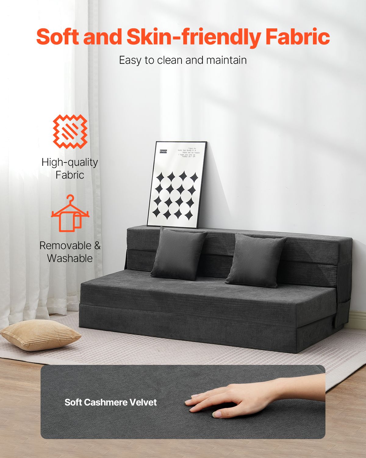 Folding Sofa Bed, 3-in-1 Foldable Couch Bed with 2 Pillows and Washable Cover, 25D High Density Memory Foam Convertible Sleeper Chair Bed, Futon Couch for Living Room, Bedroom, Dark Grey(Queen)