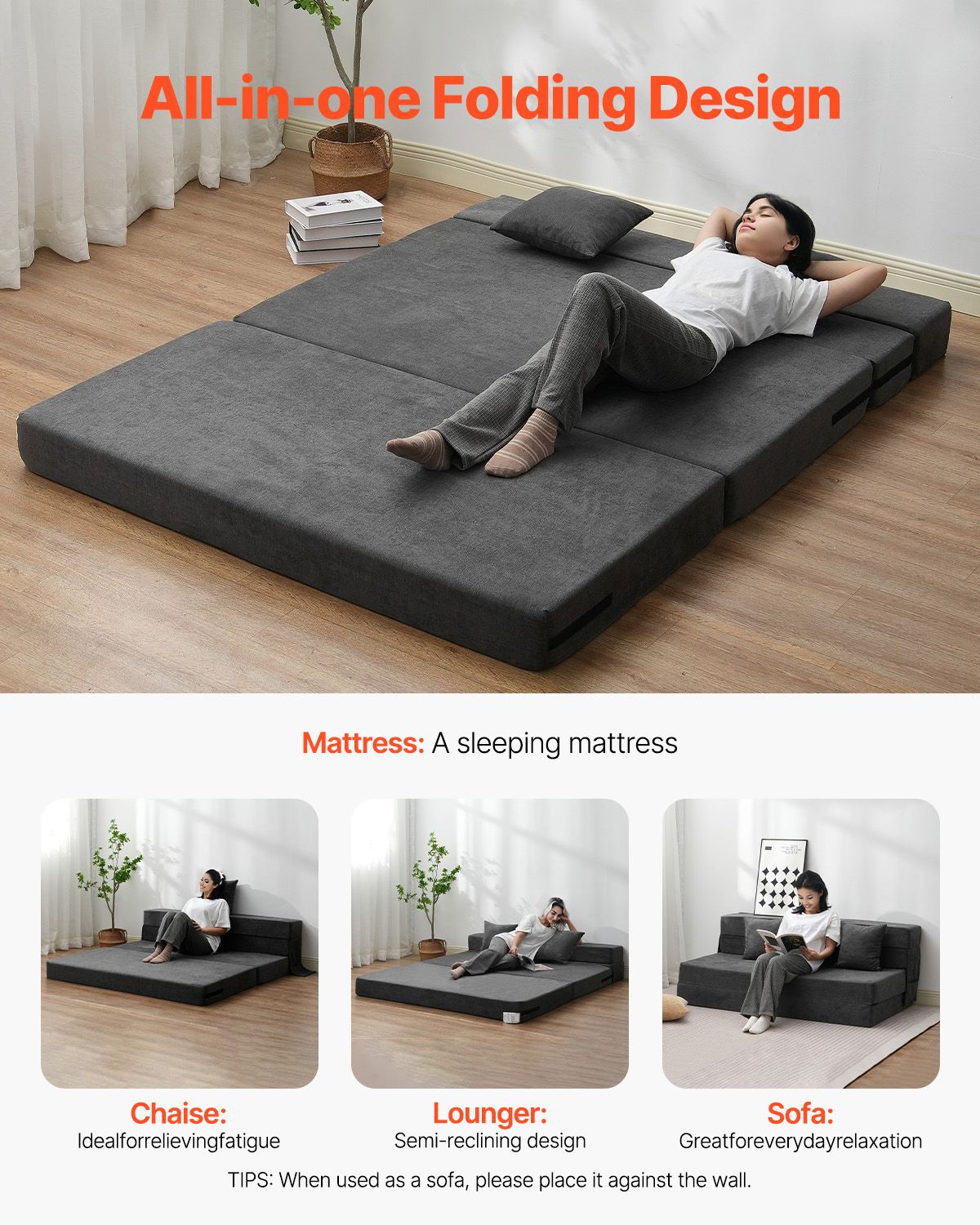 Folding Sofa Bed, 3-in-1 Foldable Couch Bed with 2 Pillows and Washable Cover, 25D High Density Memory Foam Convertible Sleeper Chair Bed, Futon Couch for Living Room, Bedroom, Dark Grey(Queen)