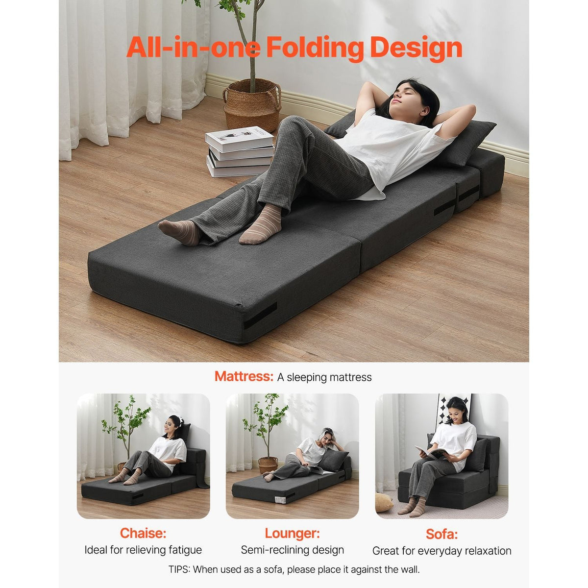 Folding Sofa Bed, 3-in-1 Foldable Couch Bed with 2 Pillows and Washable Cover, 25D High Density Memory Foam Convertible Sleeper Chair Bed, Futon Couch for Living Room, Bedroom, Dark Grey(Single)