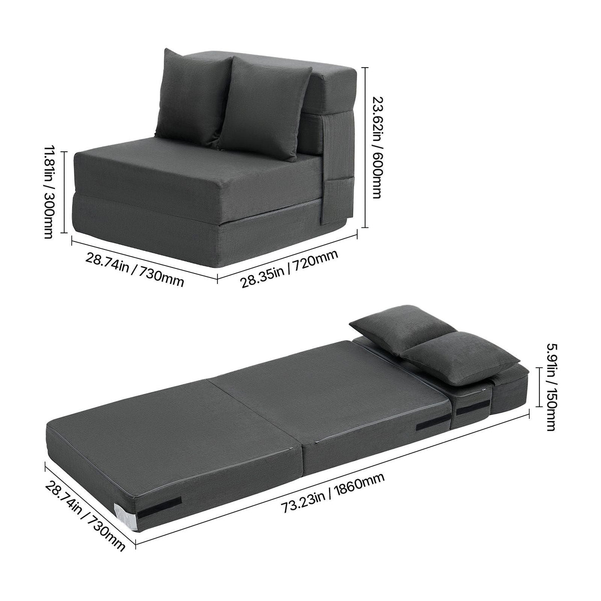 Folding Sofa Bed, 3-in-1 Foldable Couch Bed with 2 Pillows and Washable Cover, 25D High Density Memory Foam Convertible Sleeper Chair Bed, Futon Couch for Living Room, Bedroom, Dark Grey(Single)