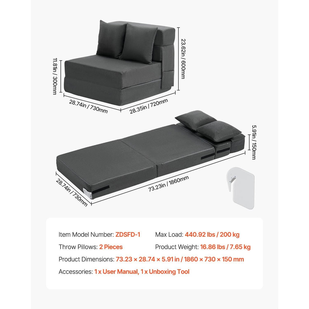 Folding Sofa Bed, 3-in-1 Foldable Couch Bed with 2 Pillows and Washable Cover, 25D High Density Memory Foam Convertible Sleeper Chair Bed, Futon Couch for Living Room, Bedroom, Dark Grey(Single)