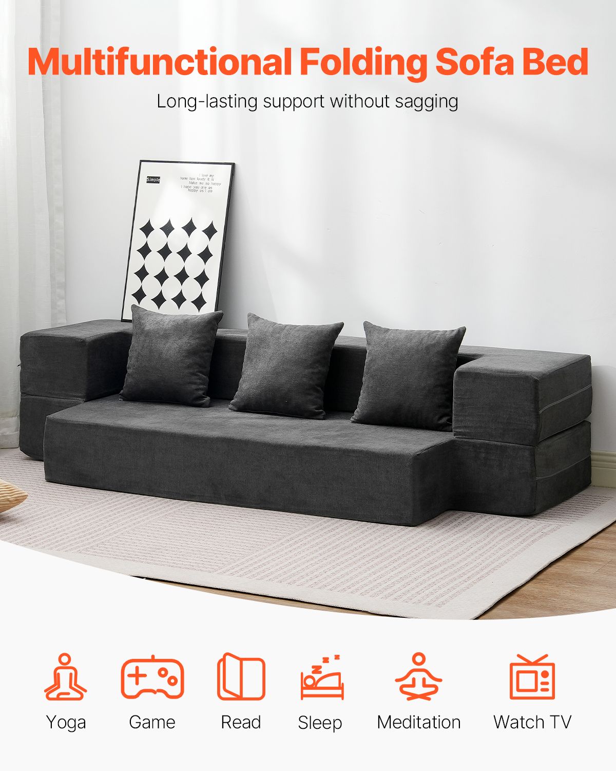Folding Sofa Bed, 3-in-1 Foldable Couch Bed with 3 Pillows and Washable Cover, 25D High Density Memory Foam Convertible Sleeper Chair Bed, Futon Couch for Living Room, Bedroom, Dark Grey(Twin)