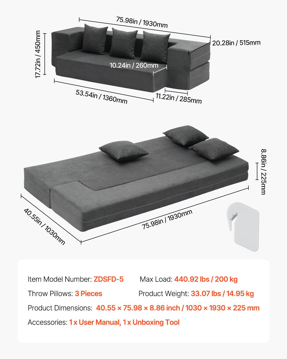 Folding Sofa Bed, 3-in-1 Foldable Couch Bed with 3 Pillows and Washable Cover, 25D High Density Memory Foam Convertible Sleeper Chair Bed, Futon Couch for Living Room, Bedroom, Dark Grey(Twin)
