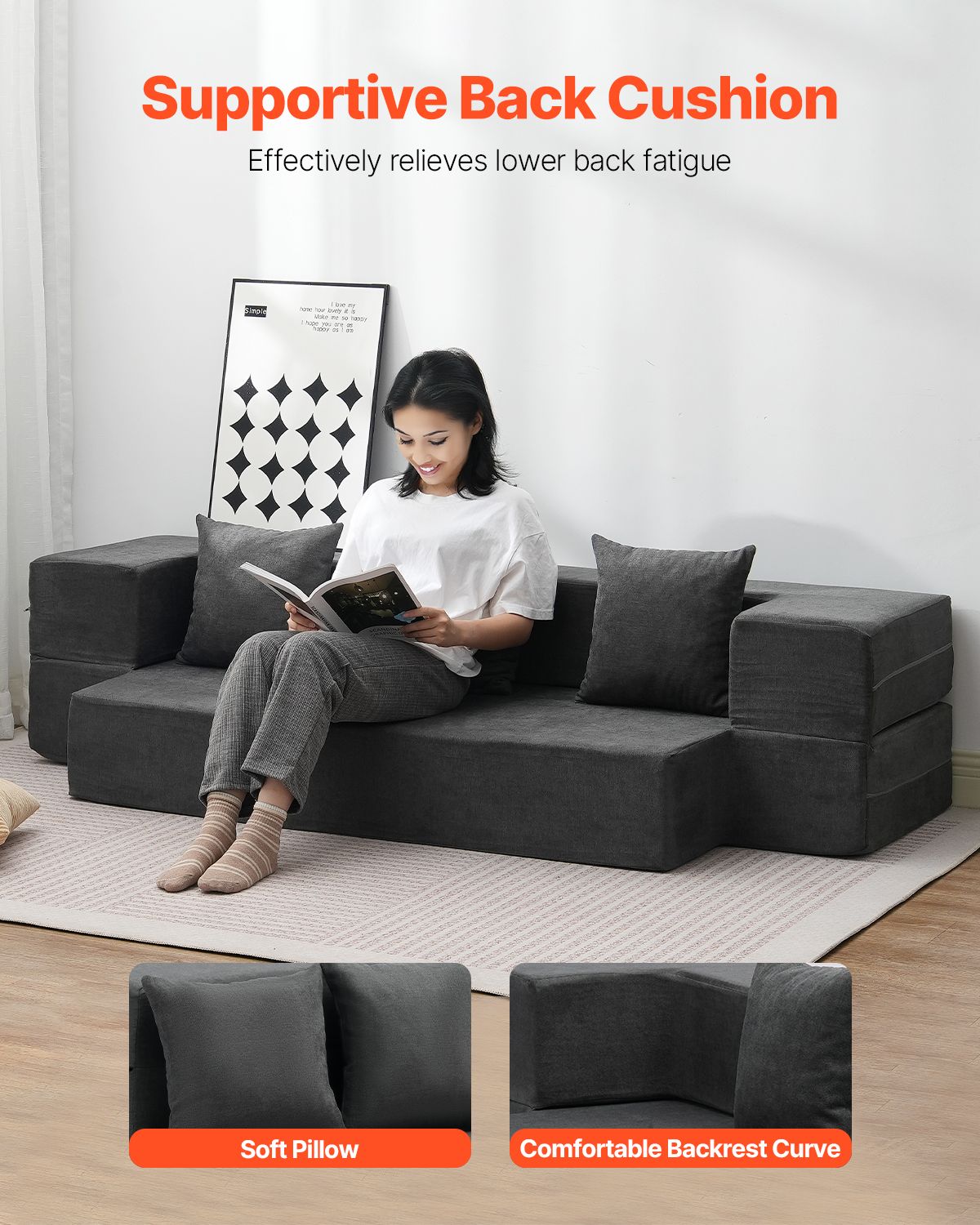 Folding Sofa Bed, 3-in-1 Foldable Couch Bed with 3 Pillows and Washable Cover, 25D High Density Memory Foam Convertible Sleeper Chair Bed, Futon Couch for Living Room, Bedroom, Dark Grey(Twin)