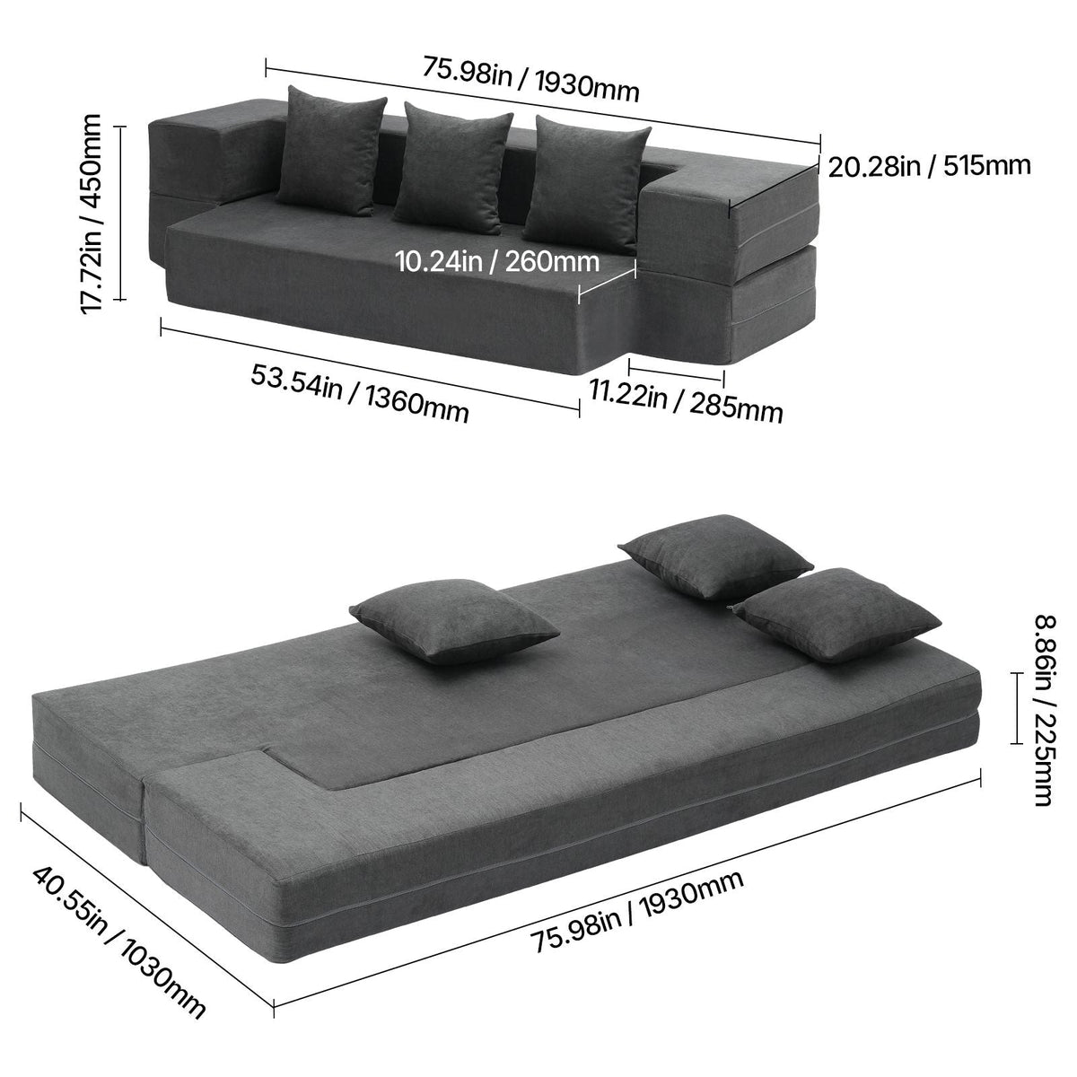 Folding Sofa Bed, 3-in-1 Foldable Couch Bed with 3 Pillows and Washable Cover, 25D High Density Memory Foam Convertible Sleeper Chair Bed, Futon Couch for Living Room, Bedroom, Dark Grey(Twin)