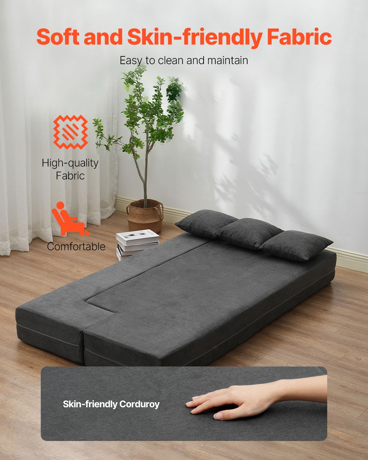 Folding Sofa Bed, 3-in-1 Foldable Couch Bed with 3 Pillows and Washable Cover, 25D High Density Memory Foam Convertible Sleeper Chair Bed, Futon Couch for Living Room, Bedroom, Dark Grey(Twin)