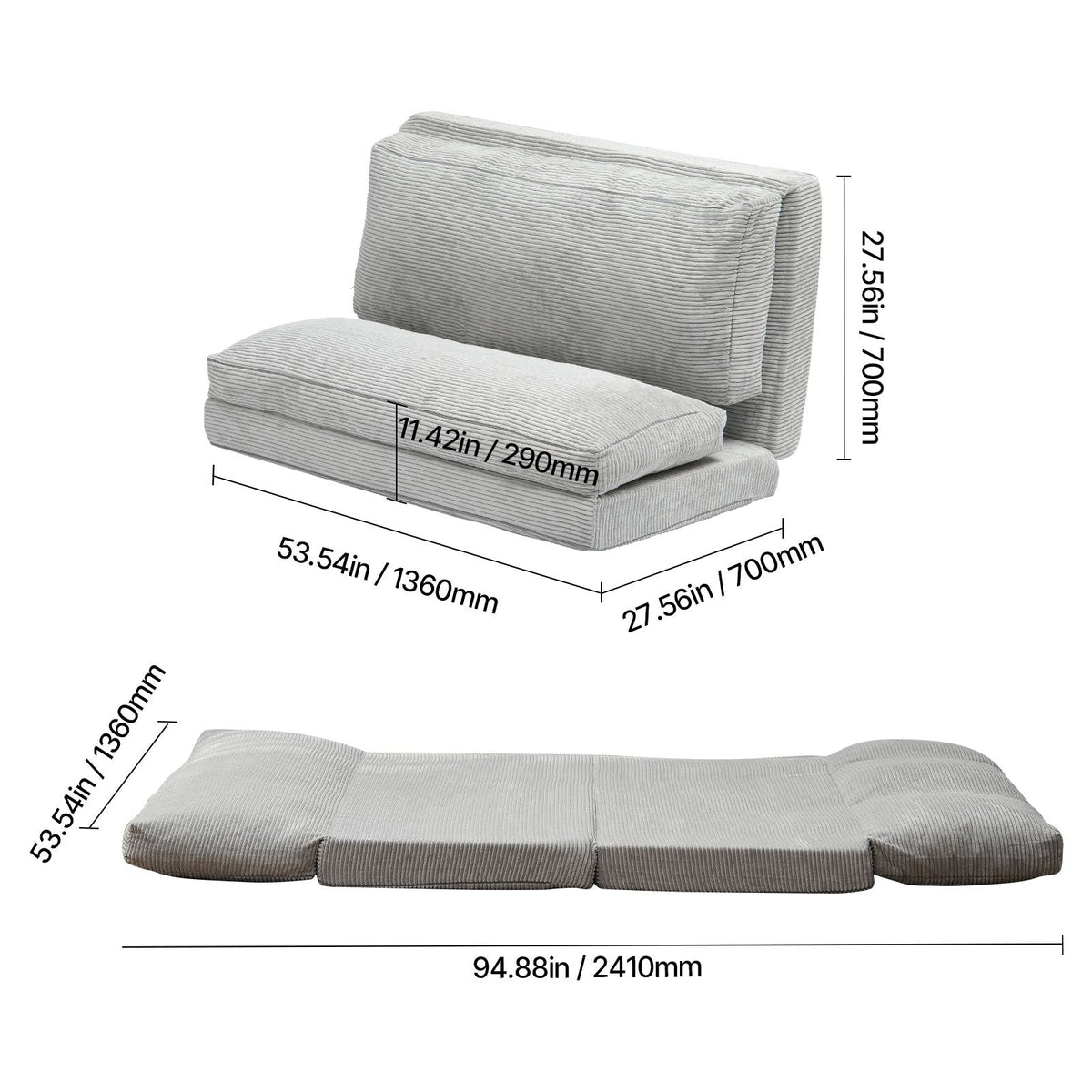 Folding Sofa Bed, 3-in-1 Foldable Couch Bed with Washable Cover, 25D High Density Memory Foam Convertible Sleeper Chair Bed, Futon Couch for Living Room, Bedroom, Guest, Light Grey(Full)