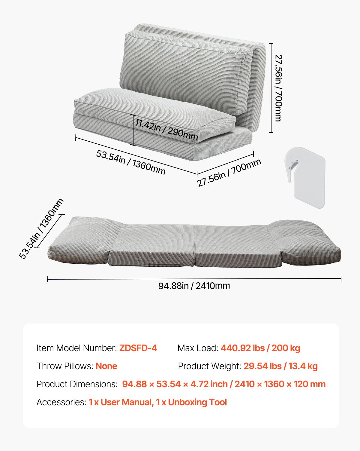 Folding Sofa Bed, 3-in-1 Foldable Couch Bed with Washable Cover, 25D High Density Memory Foam Convertible Sleeper Chair Bed, Futon Couch for Living Room, Bedroom, Guest, Light Grey(Full)