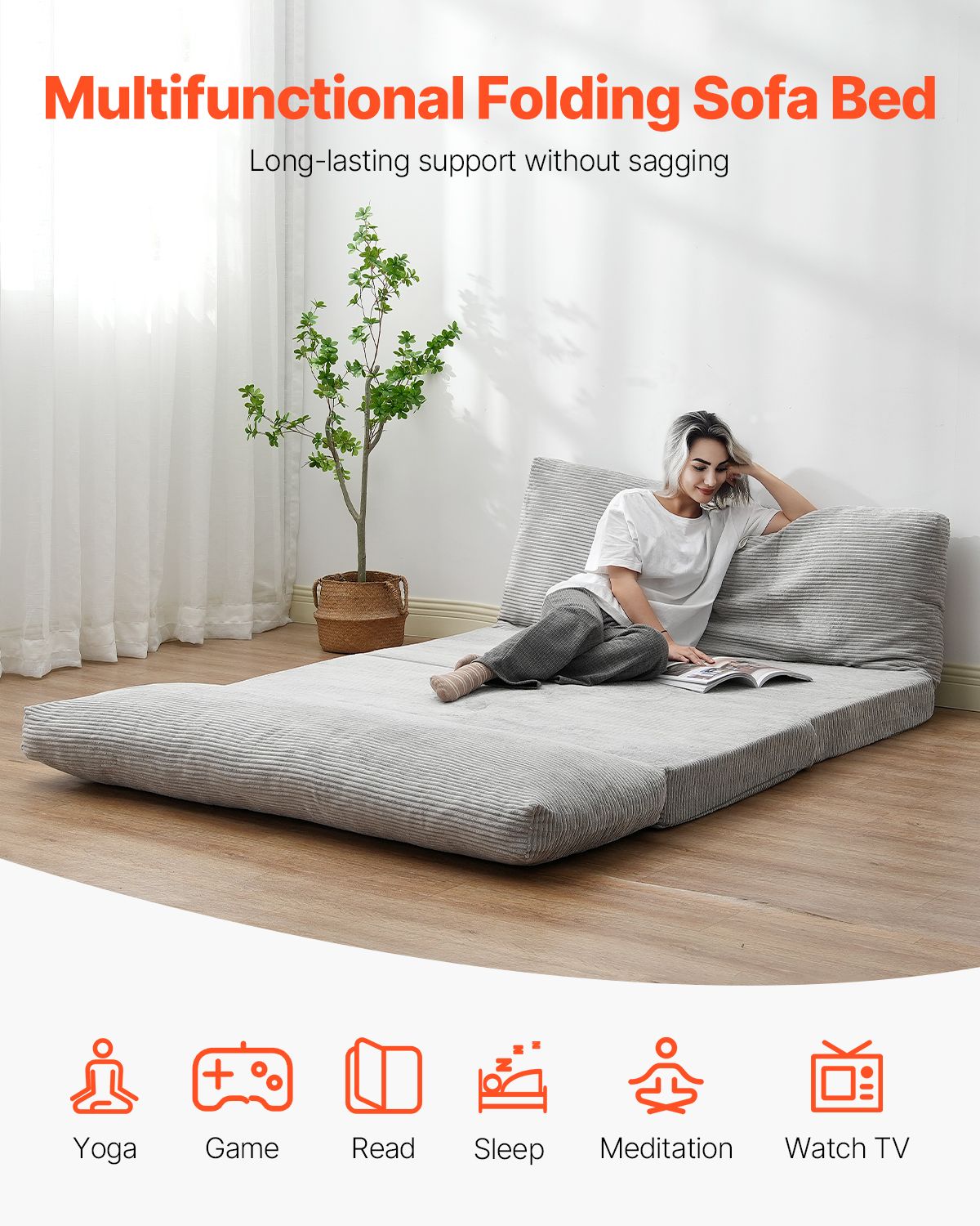 Folding Sofa Bed, 3-in-1 Foldable Couch Bed with Washable Cover, 25D High Density Memory Foam Convertible Sleeper Chair Bed, Futon Couch for Living Room, Bedroom, Guest, Light Grey(Full)