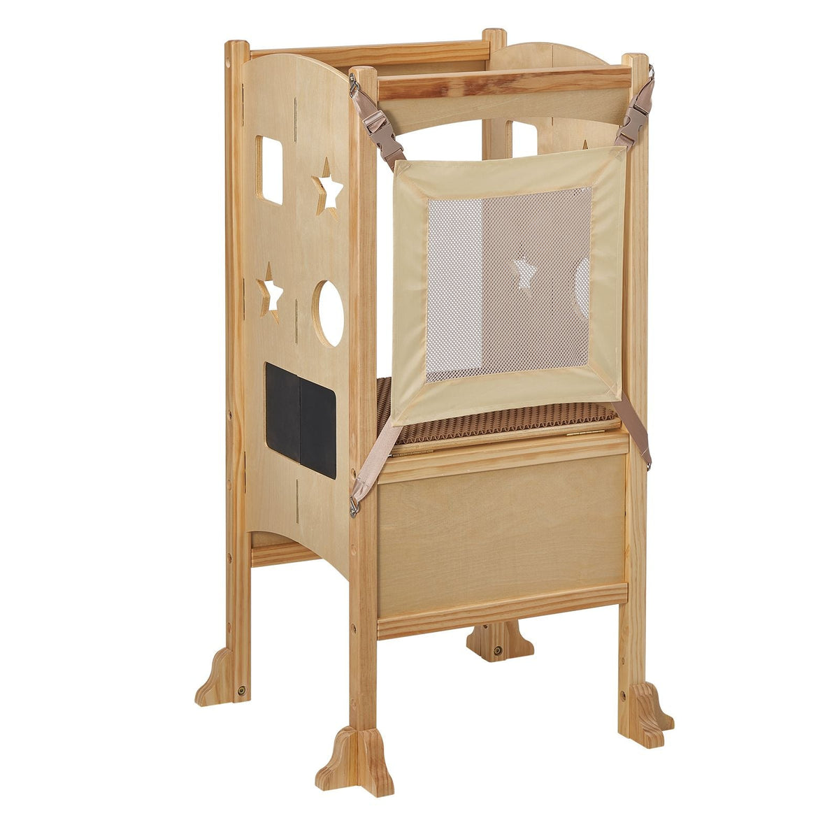 Folding Step Stool for Toddlers, Adjustable 3-Height Kids Kitchen Step Stool, Solid Wood Children's Learning Tower with Safety Guard, Versatile for Kitchen, Bedroom, Bathroom