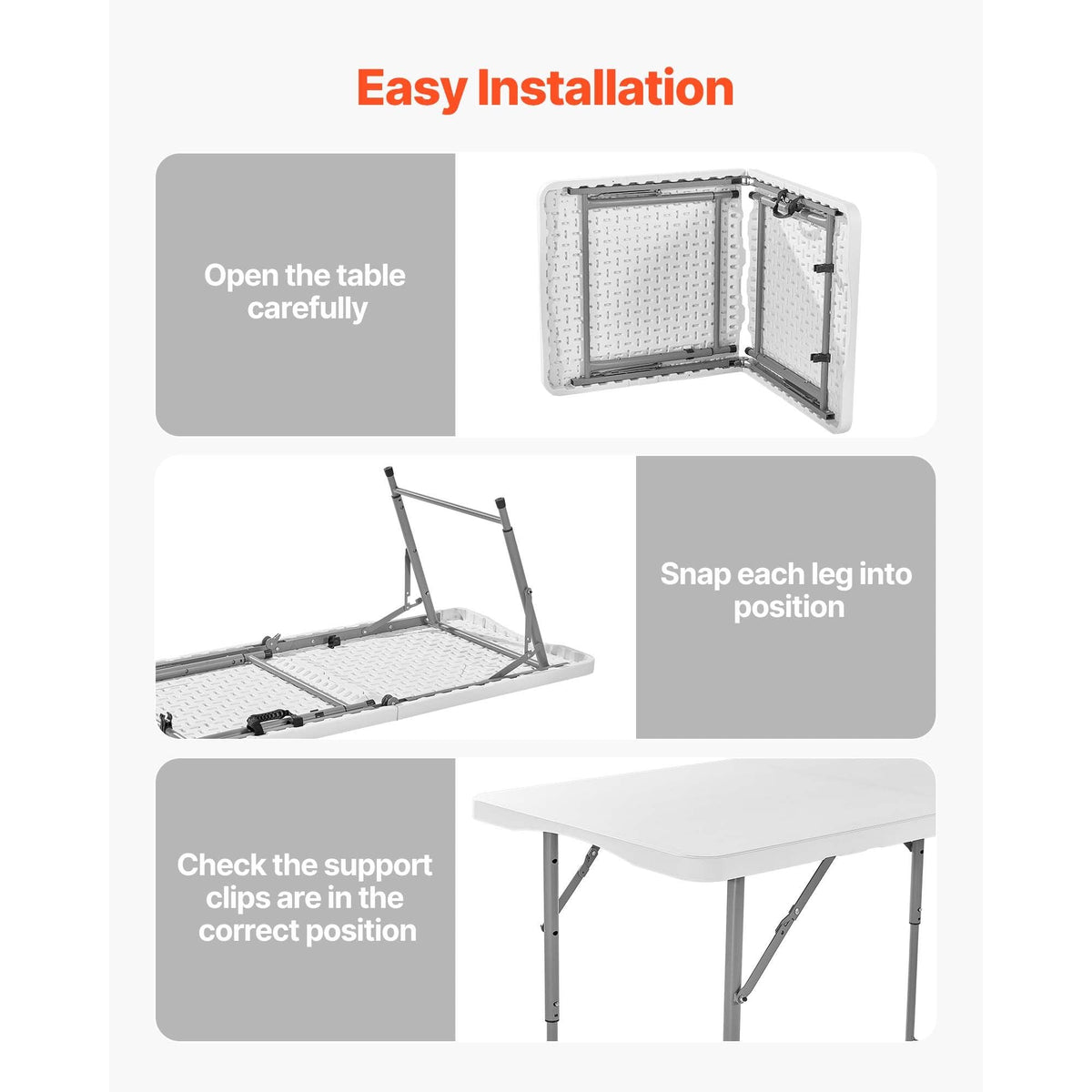 Folding Table, 4 Ft Heavy Duty Portable Fold-in-Half Utility Table, Indoor Outdoor Plastic Rectangle Table with Adjustable Height and Built in Handle, for Party, Dining, Picnic, Camping, White