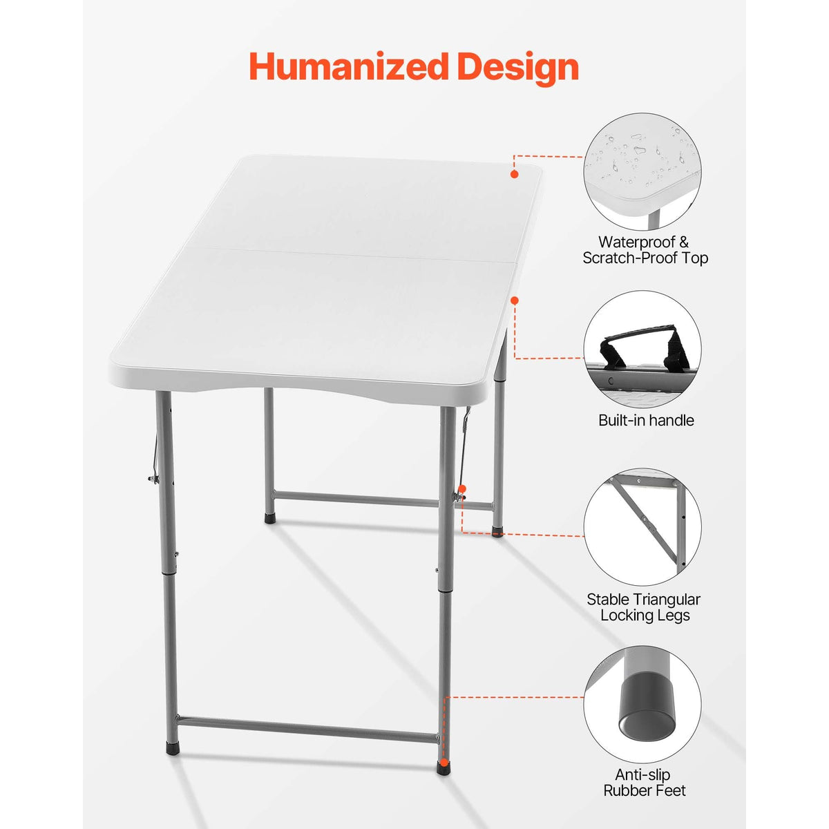 Folding Table, 4 Ft Heavy Duty Portable Fold-in-Half Utility Table, Indoor Outdoor Plastic Rectangle Table with Adjustable Height and Built in Handle, for Party, Dining, Picnic, Camping, White