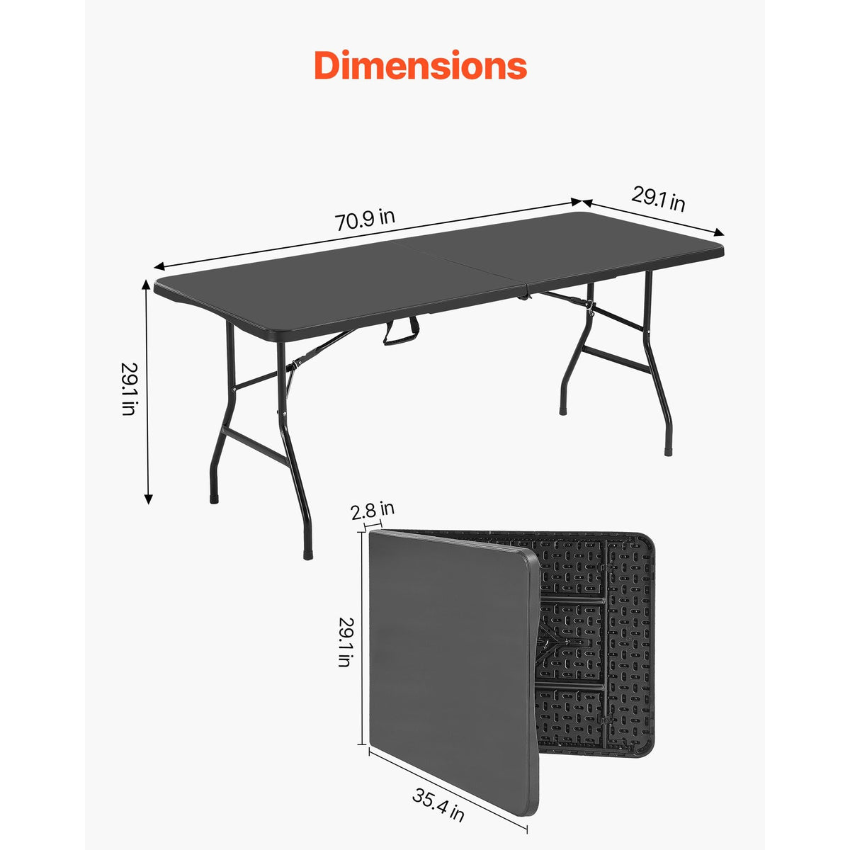 Folding Table, 6 Ft Heavy Duty Portable Fold-in-Half Utility Table, Indoor Outdoor Plastic Rectangle Table with Built in Handle, for Party, Dining, Wedding, Events, Picnic, Camping, Black